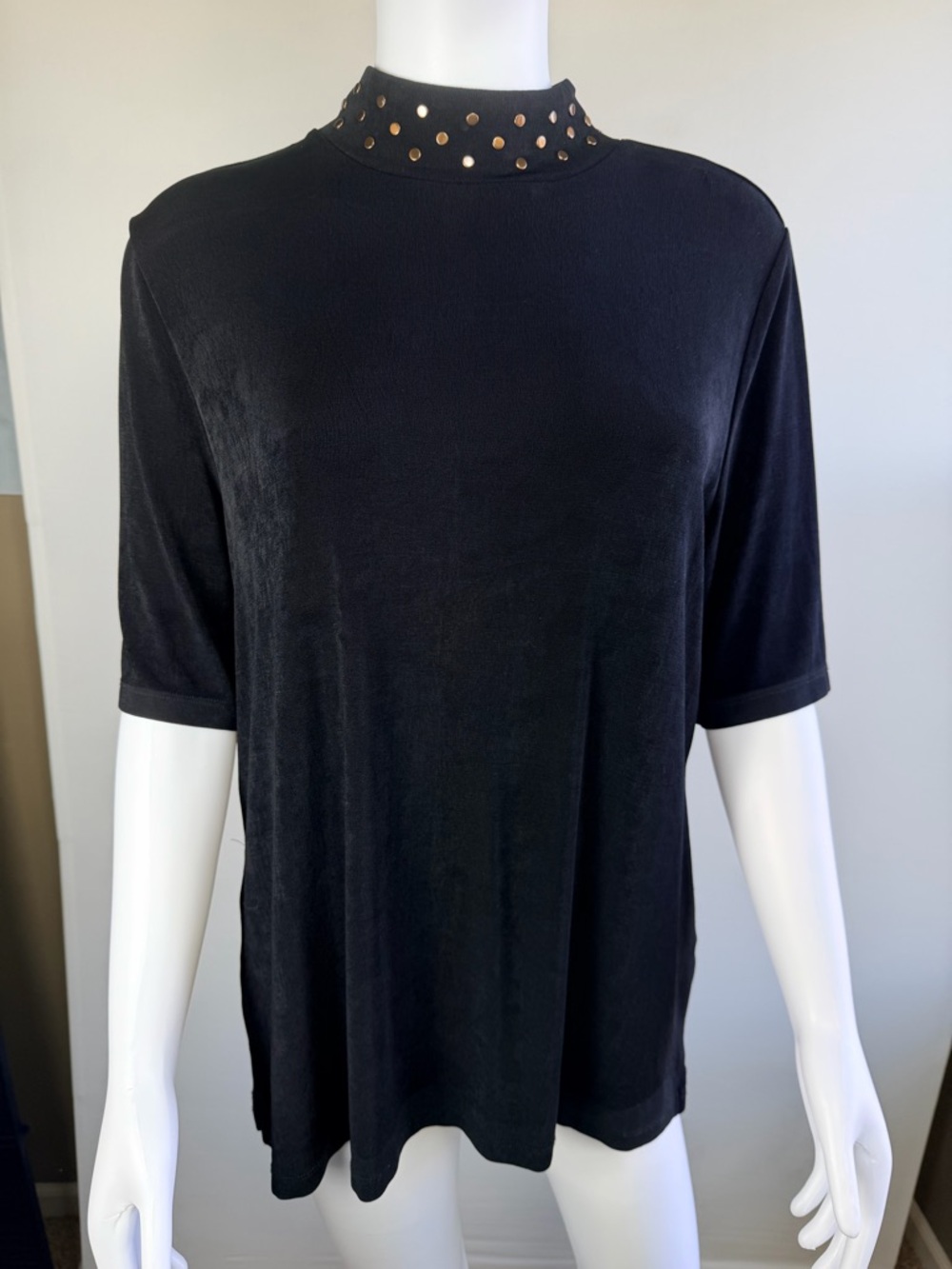 CHICOS Travelers Black Studded Mock Neck Top Short Sleeve Stretch Women’s Size 3